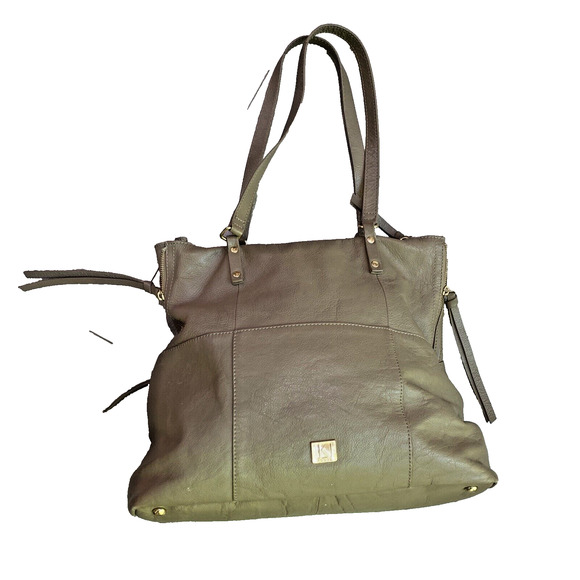 KOOBA Everette Large Leather Satchel Tote Bag Dark Beige Pockets Tassels Zippers - Picture 3 of 15